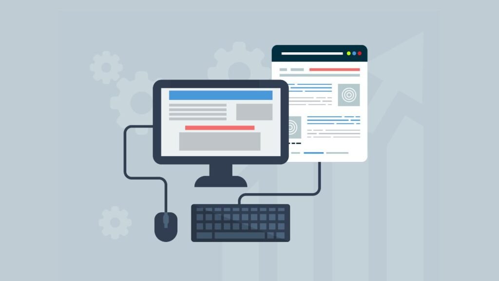 Ilustração apresenta fundo cinza com ícones de engrenagens e gráficos em subtom. Ao centro, vemos a ilustração de um computador na corpreta, acessando uma página na internet. E, do lado do computador, a página da internet está em destaque.